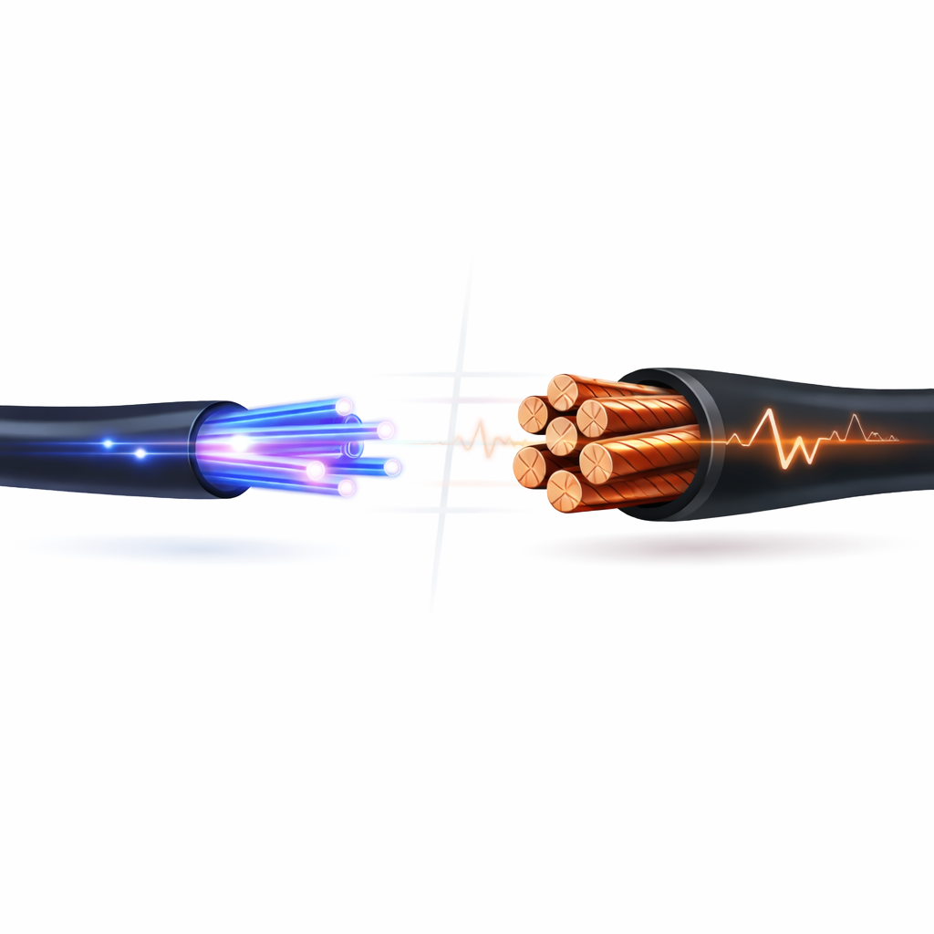 Fiber vs Cable internet technology comparison showing a single fiber strand vs a legacy copper bundle