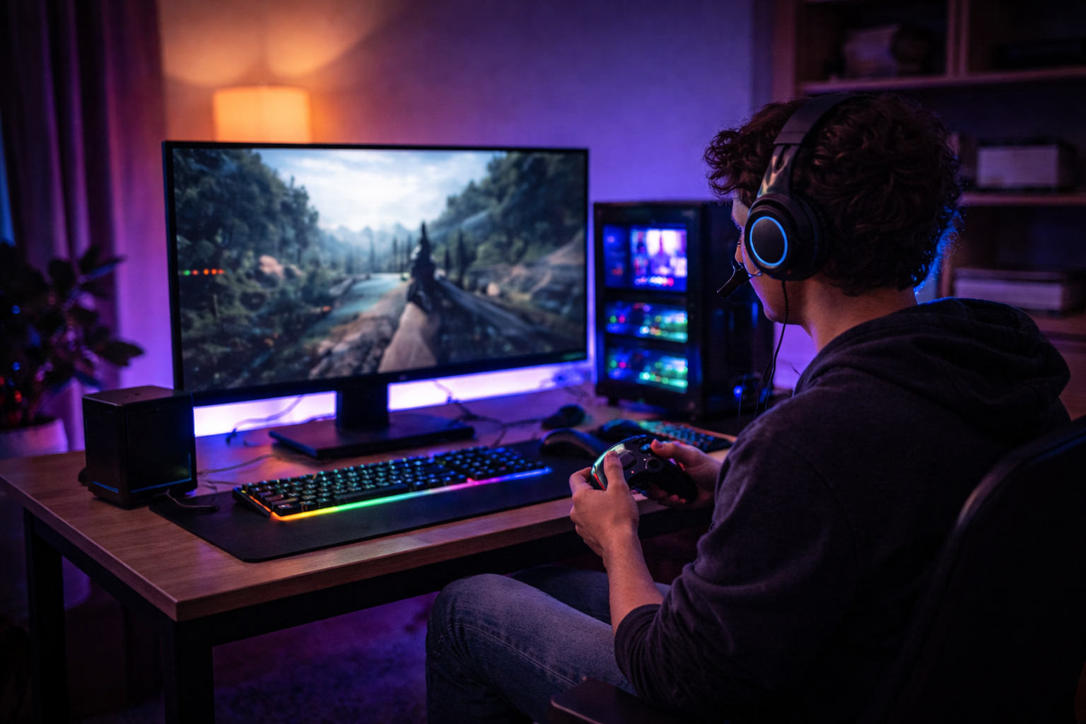 Young adult gaming at night in a high-performance RGB setup powered by Quantum Fiber high-speed internet